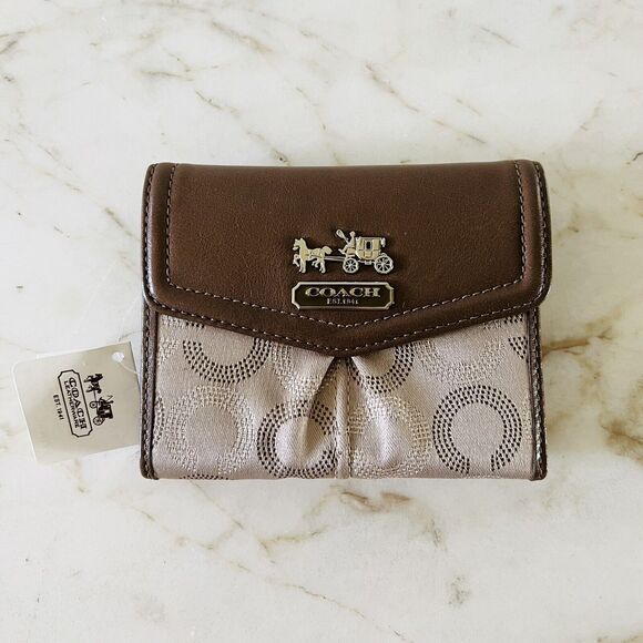 COACH Madison Khaki Mahogany Dotted Tri-Fold Flap Wallet - Picture 1 of 9